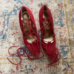 Red Suede Lace Up Heels - Lightly Worn Size 37